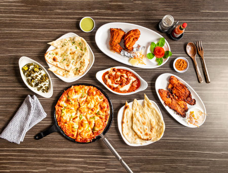 Assorted indian spices Palak Paneer, Butter Chicken, Grilled Fish, Tandoori Chicken, Pepperoni Pizza, Naan and chutney served in dish isolated on wooden background top view of pakistani and desi foodの写真素材