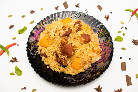 Beef Biryani Rice with potato served in plate isolated white background top view of indian, pakistani and bangladeshi spicy foodの写真素材