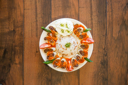 Turkish Meat Beyti Kebab with rice and yogurt served in plate isolated on wooden table top view of turkish fast foodの写真素材