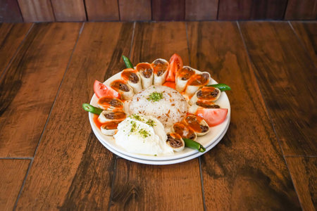 Turkish Meat Beyti Kebab with rice and yogurt served in plate isolated on wooden table side view of turkish fast foodの写真素材