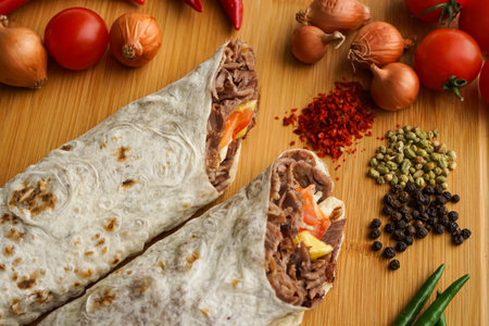Beef Doner Wraps Shawarma isolated on wooden table side view of arabic and turkish fast foodの写真素材