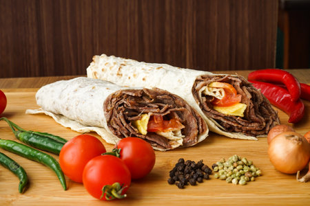 Beef Doner Wraps Shawarma isolated on wooden table side view of arabic and turkish street foodの写真素材