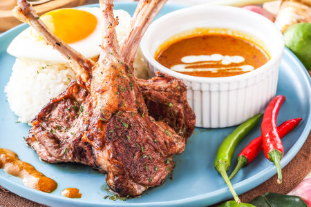 Pan fried Lamb Rack or lamb chops with curry, rice and sunny side up egg served in plate with chili peppers isolated on napkin closeup side viewの写真素材