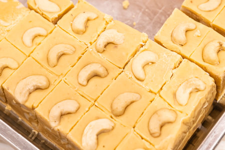 Kaju Halwa barfi texture closeup top view of indian, pakistani and bangladeshi sweets dessertの写真素材