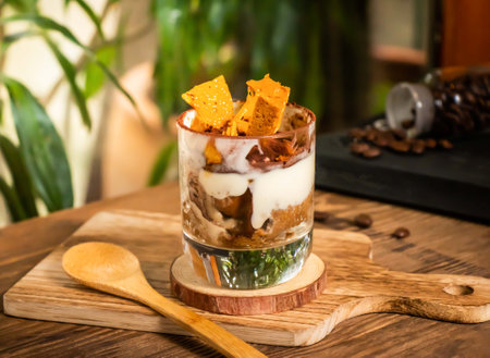Tiramisu with Honeycomb Crumble served in jar isolated on wooden cutting board side view on table taiwan dessertの写真素材