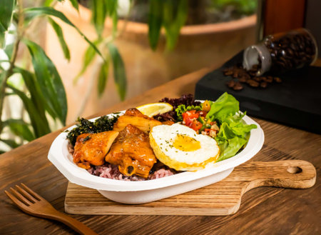 Grilled Chicken Leg Steak Dinner Box with fried egg, rice, lemon, herbs and salad served in dish...