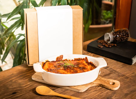 Lasagna Frozen Preparation Kit with fork served in dish isolated on table side viewの写真素材