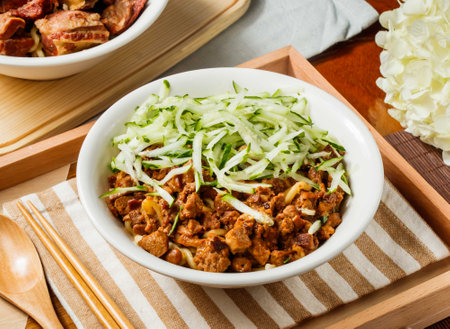 Savory Braised Beef Noodle Soup with cucumber in bowl isolated on wooden tray napkin side view on table taiwan foodの写真素材