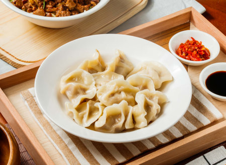 Steamed Dumplings filling with cabbage and pork in bowl with chili oil and soy sauce isolated on napkin side view on table taiwan foodの写真素材