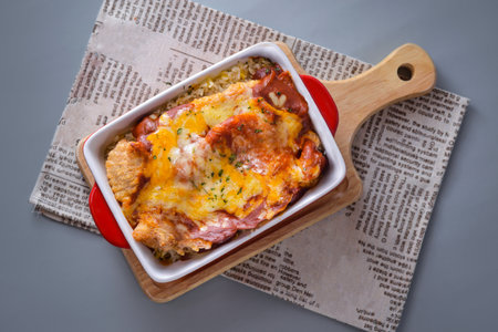 Baked Pork Chop Rice with Tomato Sauce served in dish isolated on napkin top view on grey backgroundの写真素材