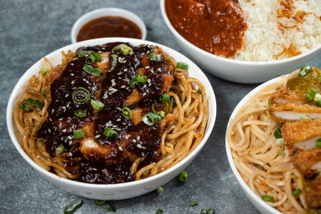 Teriyaki Grilled Chicken Noodles, Katsu Chicken Noodle, Butter Chicken with Rice served in bowl isolated on grey background side view of assorted japanese food verity assortmentの写真素材