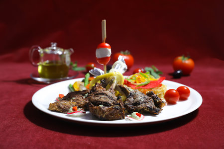 Grilled Lamb Chops with Mediterranean vegetables, including roasted tomatoes, zucchini, and red peppers served in plate isolated on red background side view of arabic foodの写真素材