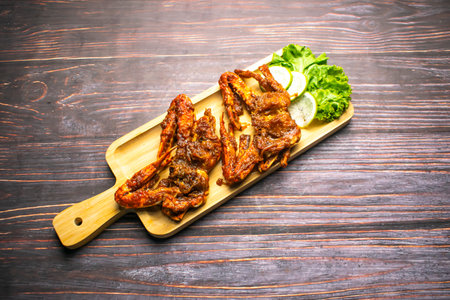 Fried Crab Masala with lettuce leaves and lemon slice served on wooden board isolated on wooden table top viewの写真素材
