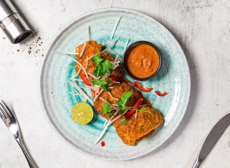 Crab Cakes with Thai Red Curry Sauce served in plate isolated on background top view of italian food