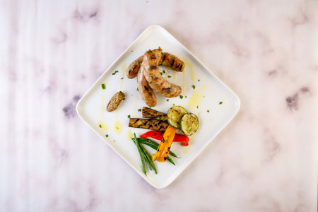 grilled sausage with salad served in dish isolated on grey background top viewの写真素材