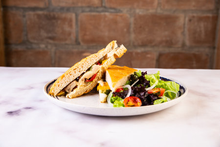 Porchetta Panini sandwich with salad served in dish isolated on grey background side viewの写真素材