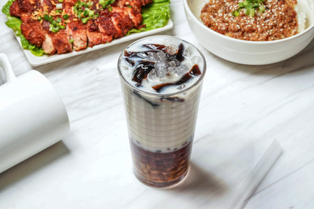 Taiwanese coffee jelly red bean ice tea served in dish isolated on marble background side view of taiwan foodの写真素材