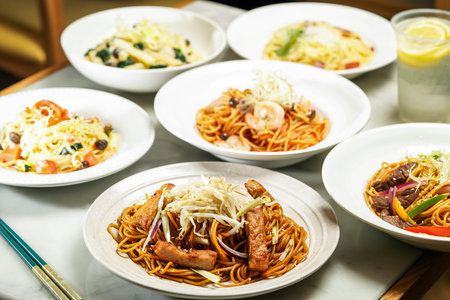 Spaghetti Noodles with Pork Chop in Swiss Sauce, Spaghetti with Shrimps and mushroom, Spaghetti with Shredded Beef with Black Pepper, Linguine pasta Crab Roe Smoked Salmon, Penne Spinach and Mushroomの写真素材