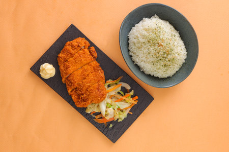Deep Fried pork chop cutlet rice served in dish isolated on background top view of japanese foodの写真素材