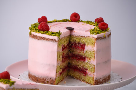 layered Raspberry Pistachio Cake frosted with light pink cream and garnished with fresh raspberries and chopped pistachios side view of delicious dessertの写真素材