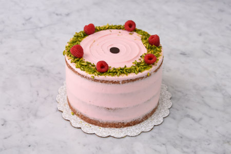 layered Raspberry Pistachio Cake round frosted with light pink cream and garnished with fresh raspberries and chopped pistachios side view of delicious dessertの写真素材