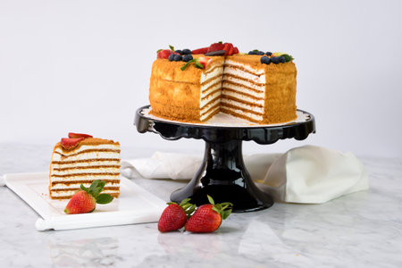 Elegant Medovik Honey Cake decorated with fresh strawberries and blueberries and displayed on a black cake stand side view of classic cafe dessertの写真素材