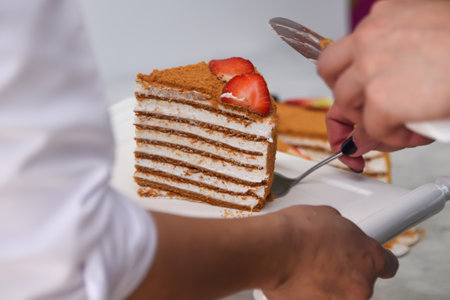 Slice of Classic Medovik Honey Layer Cake layers of honey sponge and creamy filling topped with strawberry slices served in tray cutting with knife closeup side view of classic cafe dessertの写真素材