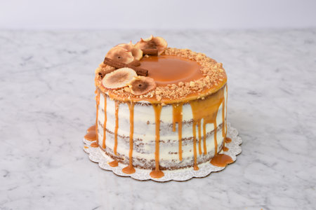 Elegant Caramel Fig Drip Cake featuring layers of moist cake drizzled with rich caramel, topped with dried fig slices, and chopped nuts isolated on grey background side view of baked dessertの写真素材