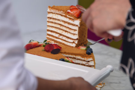 Slice of Classic Medovik Honey Layer Cake layers of honey sponge and creamy filling topped with strawberry and blueberry served in tray cutting with knife side view of classic cafe dessertの写真素材