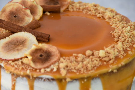 Elegant Caramel Fig Drip Cake featuring layers of moist cake drizzled with rich caramel, topped with dried fig slices, and chopped nuts isolated on grey background closeup side view of baked dessertの写真素材