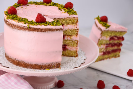ayered Raspberry Pistachio Cake with a slice ith light pink cream and garnished with fresh raspberries and chopped pistachios closeup side view of delicious dessertの写真素材