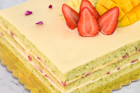 Elegant Pistachio Layer Cake with Tropical Fruit including strawberries, mango, kiwi, and pineapple, and delicate rose petals closeup side view of flavorful cafe dessert cakeの写真素材