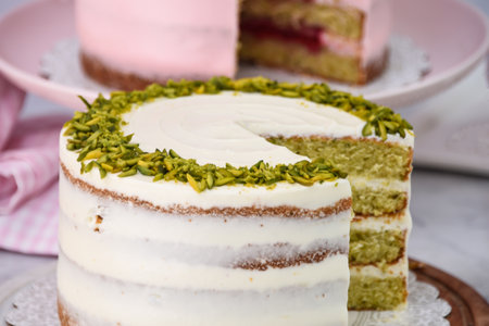 Pistachio & Raspberry Cakes and slice with Rose Butter cream, pink and white frosting on napkin closeup side view of elegant dessertsの写真素材