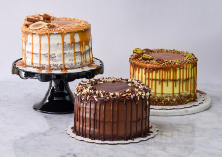 Assorted Gourmet Cakes including Caramel Fig, Pistachio Caramel, and Chocolate cake side view of assortment of elegant dessertsの写真素材