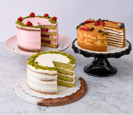 Pistachio, Medovik Honey Layer Cake, and Raspberry Cakes and slice with Rose Butter cream, pink and white frosting side view of elegant dessertsの写真素材