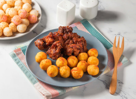 Fried Chicken thighs, sweet potato balls and fried rice balls served in plate with fork isolated on napkin side view of taiwan foodの写真素材