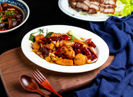 Kung Pao Chicken with spoon and fork served in dish isolated on wooden board side view of taiwan foodの写真素材