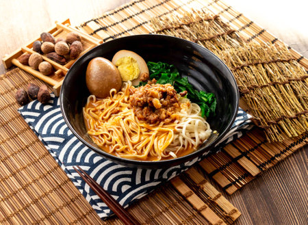 sesame paste noodles with minced pork meat, preserved egg and chopsticks served in plate isolated on napkin side view on table taiwan foodの写真素材