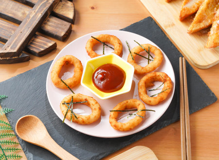 Crispy Onion Rings with Dipping Sauce served on wooden board with chopsticks side view of taiwan foodの写真素材