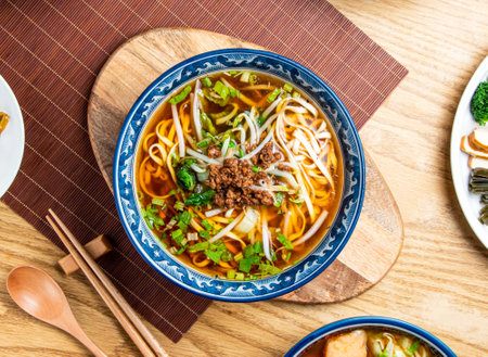 Taiwanese Noodle Soup topping with mince meat served in bowl with chopsticks and spoon isolated on wooden board top view of taiwan foodの写真素材