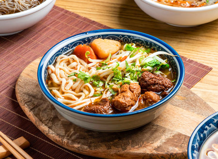 Vegetarian Beef Noodle Soup topped with green onion, carrot, and coriander served in bowl with...