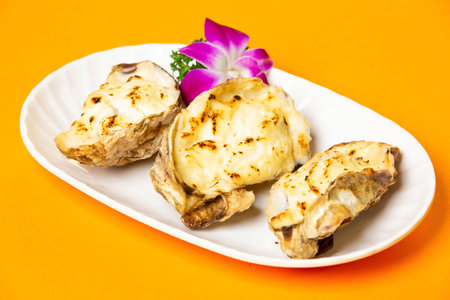 Grilled Oysters with Cheese served in plate isolated on orange background side viewの写真素材