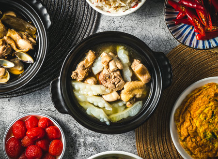 Bitter Melon Chicken served in broth isolated on grey background top view of assorted taiwan foodの写真素材
