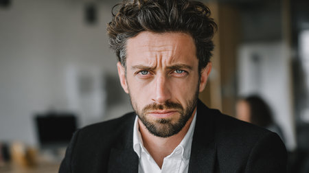 portrait of serious businessman in formal wear looking at camera in officeの素材