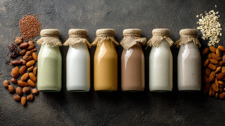Bottles with different types of milk on dark background, top viewの素材