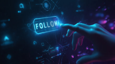 Follow button on virtual screen. Business, internet and technology concept.の素材