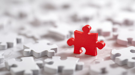 Red puzzle piece on white jigsaw puzzle background, business strategy conceptの素材