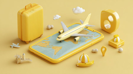3d illustration of mobile phone with airplane and map on yellow backgroundの素材