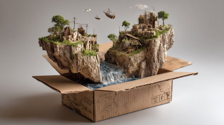 Conceptual image of a small island in a cardboard box.の素材