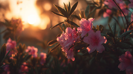 Rhododendron flowers in the garden at sunset. Selective focus.の素材